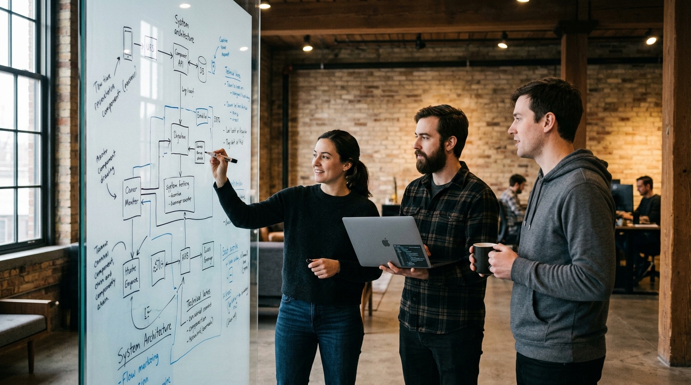 Engineering team collaborating around system architecture and product flows during an open discovery session