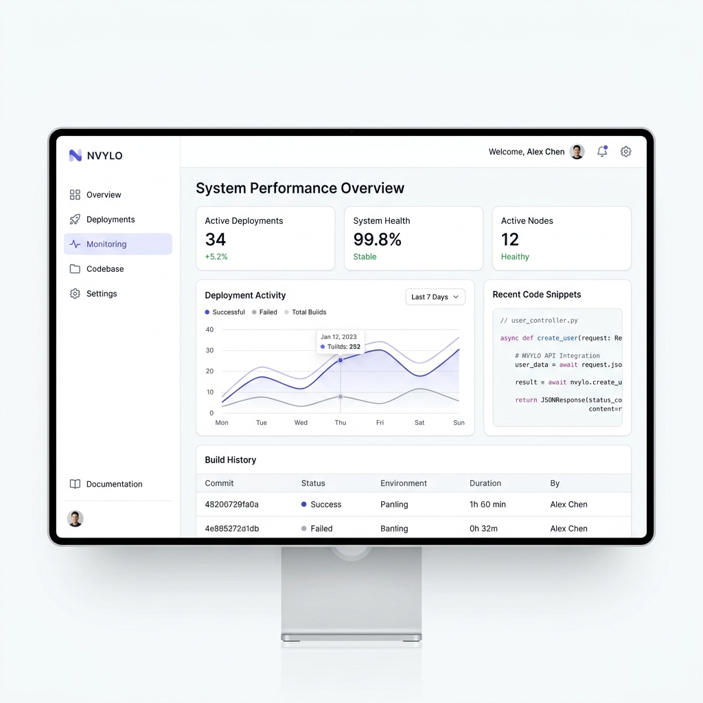 NVYLO Intelligent Application Dashboard Mockup showing data analytics and AI workflows